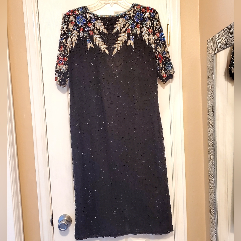 Vintage 100% Silk Beaded 80s 90s Cocktail Dress Size Small